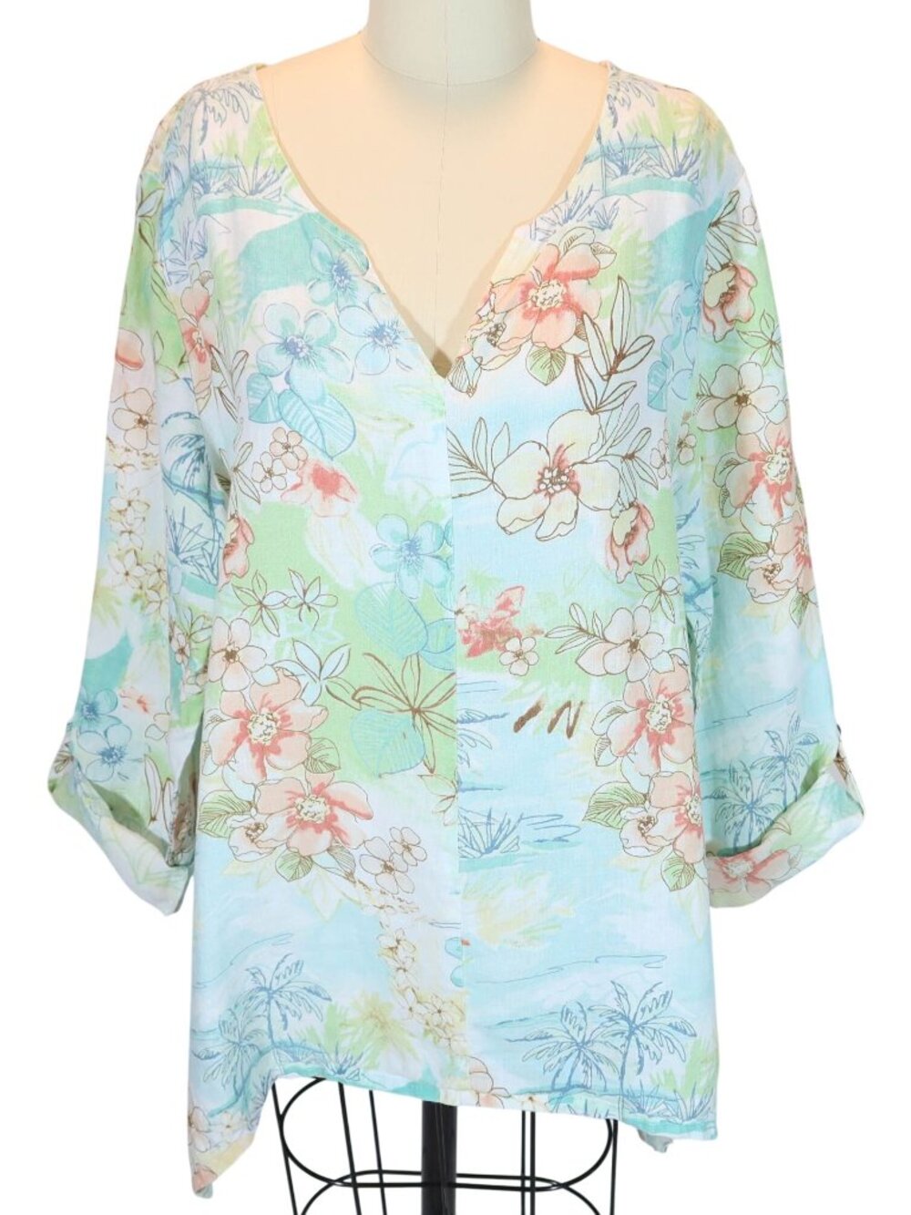 HOT COTTON Watercolor Floral Linen Tunic Top Size L Roll Sleeve Tropical Coastal